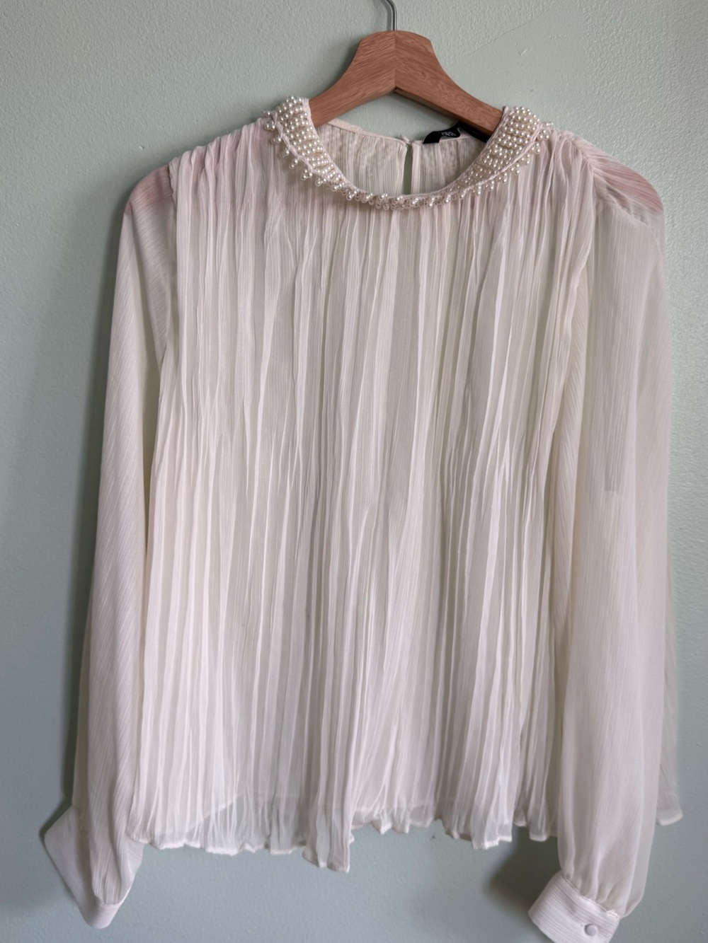 Zara Pearl-Embellished Pleated Blouse - Cream
